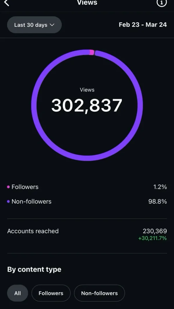 Estadísticas de Instagram de los primeros 30 días de una cuenta nueva: 302.837 reproducciones.